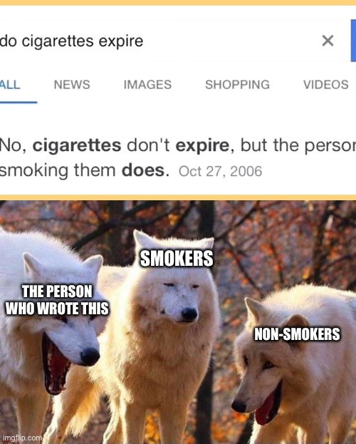 This is way to funny (does this count as dark humor idk really | SMOKERS; THE PERSON WHO WROTE THIS; NON-SMOKERS | image tagged in laughing wolf,dark humor,smoking | made w/ Imgflip meme maker