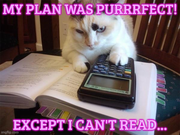 Math cat | MY PLAN WAS PURRRFECT! EXCEPT I CAN'T READ... | image tagged in math cat | made w/ Imgflip meme maker