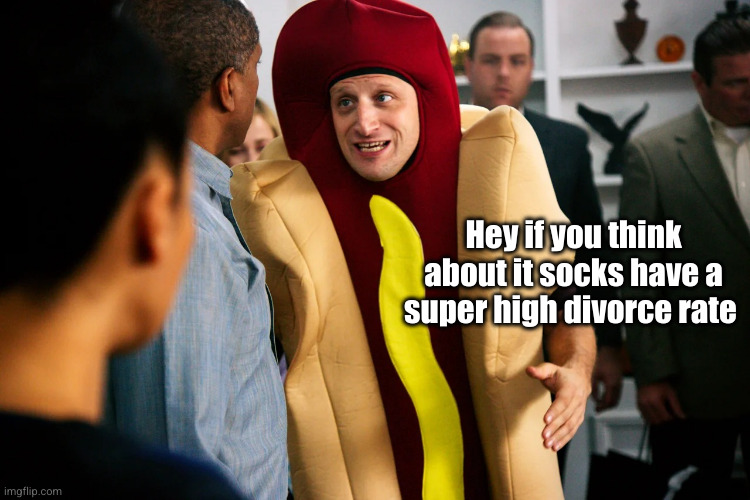 true true | Hey if you think about it socks have a super high divorce rate | image tagged in hot dog guy,true,socks,so true,funny,divorce | made w/ Imgflip meme maker