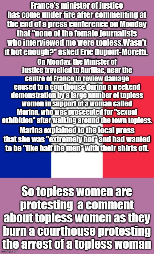 Vive la France | France's minister of justice has come under fire after commenting at the end of a press conference on Monday that "none of the female journalists who interviewed me were topless.Wasn't it hot enough?" asked Eric Dupont-Moretti. On Monday, the Minister of Justice travelled to Aurillac, near the centre of France to review damage caused to a courthouse during a weekend demonstration by a large number of topless women in support of a woman called Marina, who was prosecuted for "sexual exhibition" after walking around the town topless. Marina explained to the local press that she was "extremely hot" and had wanted to be "like half the men" with their shirts off. So topless women are protesting  a comment about topless women as they burn a courthouse protesting the arrest of a topless woman | image tagged in vive la france | made w/ Imgflip meme maker