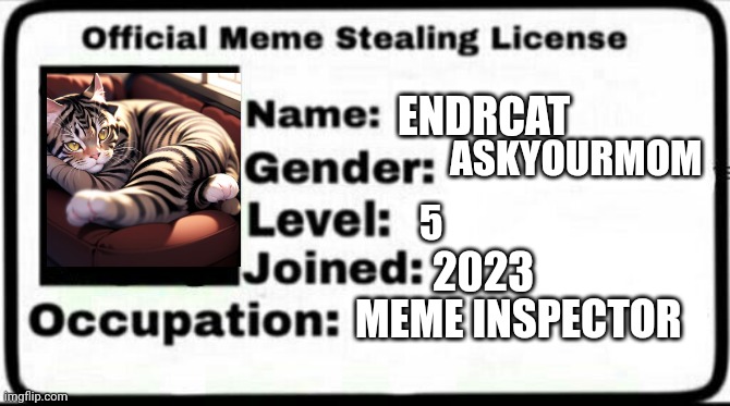 Meme | ENDRCAT; ASKYOURMOM; 5; 2023; MEME INSPECTOR | image tagged in meme stealing license | made w/ Imgflip meme maker
