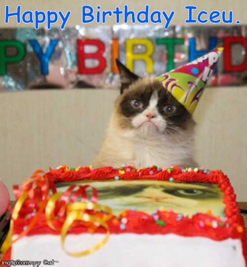 Happy birthday mate :D | Happy Birthday Iceu. | image tagged in memes,grumpy cat birthday,grumpy cat | made w/ Imgflip meme maker