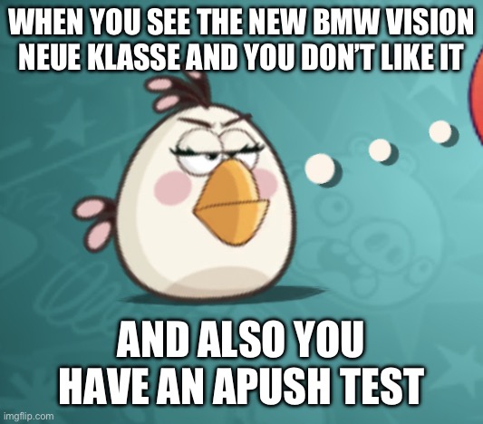 Rough Life | WHEN YOU SEE THE NEW BMW VISION NEUE KLASSE AND YOU DON’T LIKE IT; AND ALSO YOU HAVE AN APUSH TEST | image tagged in matilda angry | made w/ Imgflip meme maker