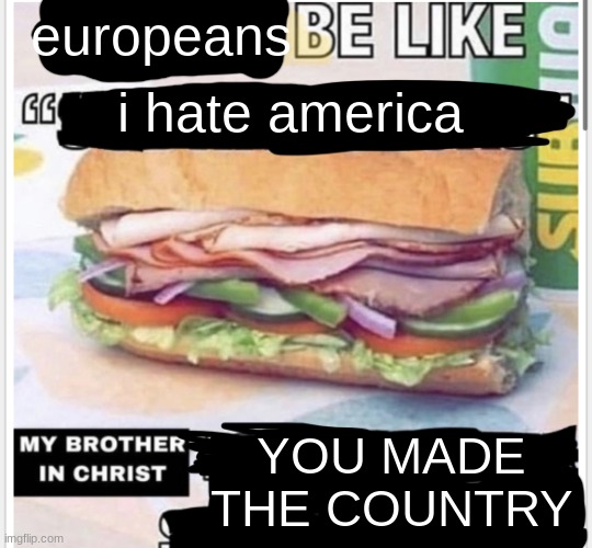 My brother in christ subway | i hate america; europeans; YOU MADE THE COUNTRY | image tagged in my brother in christ subway | made w/ Imgflip meme maker