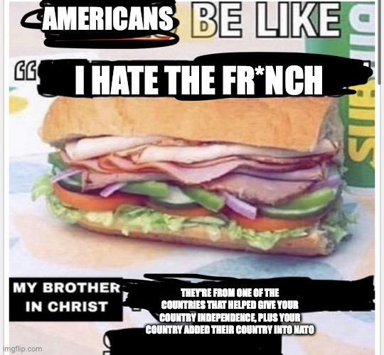 My brother in christ subway | AMERICANS; I HATE THE FR*NCH; THEY'RE FROM ONE OF THE COUNTRIES THAT HELPED GIVE YOUR COUNTRY INDEPENDENCE, PLUS YOUR COUNTRY ADDED THEIR COUNTRY INTO NATO | image tagged in my brother in christ subway | made w/ Imgflip meme maker