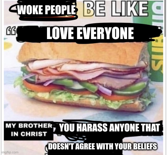 My brother in christ subway | WOKE PEOPLE; LOVE EVERYONE; YOU HARASS ANYONE THAT; DOESN'T AGREE WITH YOUR BELIEFS | image tagged in my brother in christ subway | made w/ Imgflip meme maker
