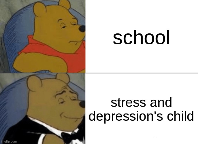 Tuxedo Winnie The Pooh | school; stress and depression's child | image tagged in memes,tuxedo winnie the pooh | made w/ Imgflip meme maker