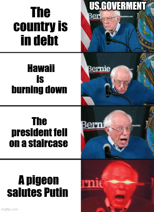 BRU, This is what i think about | US.GOVERMENT; The country is in debt; Hawaii is burning down; The president fell on a staircase; A pigeon salutes Putin | image tagged in bernie sanders reaction nuked | made w/ Imgflip meme maker