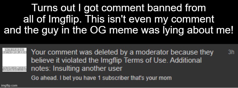 Great, now I can't comment anywhere! Thanks a lot, EvilOverlord! | Turns out I got comment banned from all of Imgflip. This isn't even my comment and the guy in the OG meme was lying about me! | made w/ Imgflip meme maker