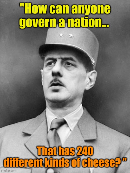 surprised de Gaulle | "How can anyone govern a nation... That has 240 different kinds of cheese? " | image tagged in surprised de gaulle | made w/ Imgflip meme maker