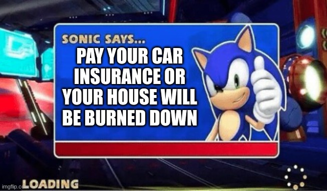 Pay your gosh dang car insurance | PAY YOUR CAR INSURANCE OR YOUR HOUSE WILL BE BURNED DOWN | image tagged in sonic says | made w/ Imgflip meme maker