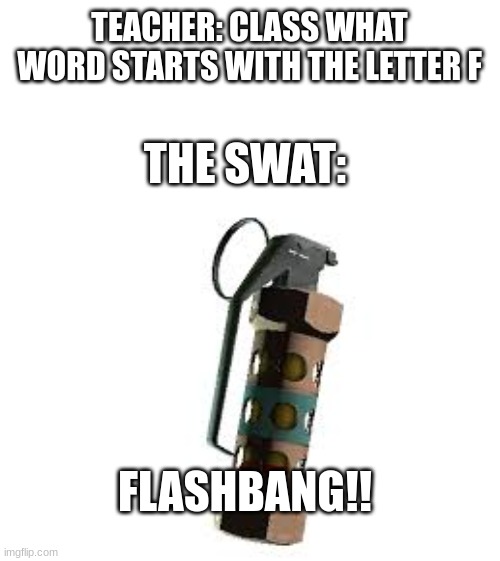 flashbang!! | TEACHER: CLASS WHAT WORD STARTS WITH THE LETTER F; THE SWAT:; FLASHBANG!! | image tagged in flashbang | made w/ Imgflip meme maker