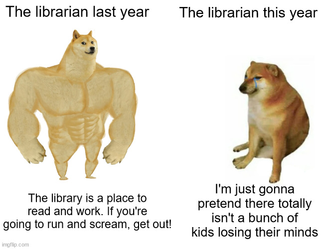 I mean, she just let a bunch of kids get away with turning the place into a warzone | The librarian last year; The librarian this year; I'm just gonna pretend there totally isn't a bunch of kids losing their minds; The library is a place to read and work. If you're going to run and scream, get out! | image tagged in memes,buff doge vs cheems,school | made w/ Imgflip meme maker