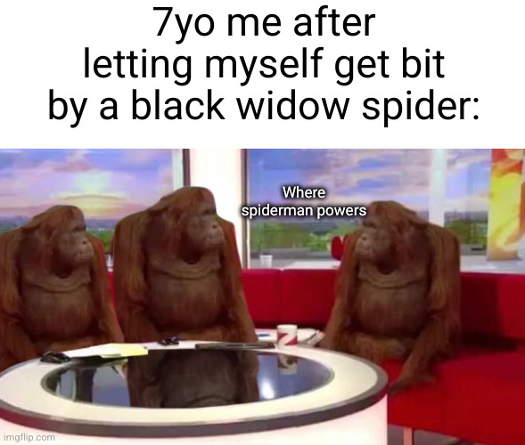 I should be shooting out white sticky stuff... | 7yo me after letting myself get bit by a black widow spider:; Where spiderman powers | image tagged in where monkey,spiderman,spider,uh oh,deadly,dark humor | made w/ Imgflip meme maker