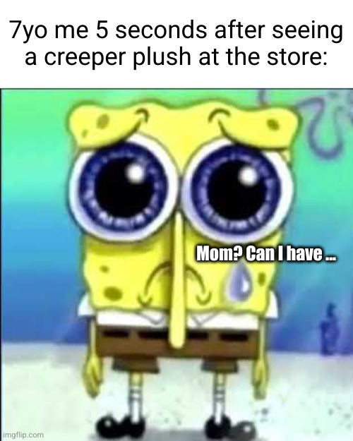 you NEED that creeper plush | 7yo me 5 seconds after seeing a creeper plush at the store:; Mom? Can I have ... | image tagged in sad spongebob,creeper,minecraft,minecraft creeper,so true,spongbob | made w/ Imgflip meme maker
