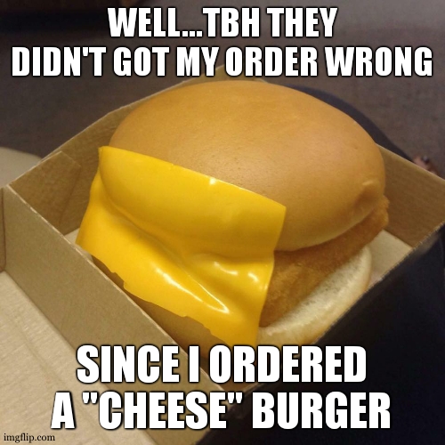 McDonalds :') | WELL...TBH THEY DIDN'T GOT MY ORDER WRONG; SINCE I ORDERED A "CHEESE" BURGER | image tagged in you had one job,cheeseburger,mcdonalds,burger king,are you serious,dude wtf | made w/ Imgflip meme maker