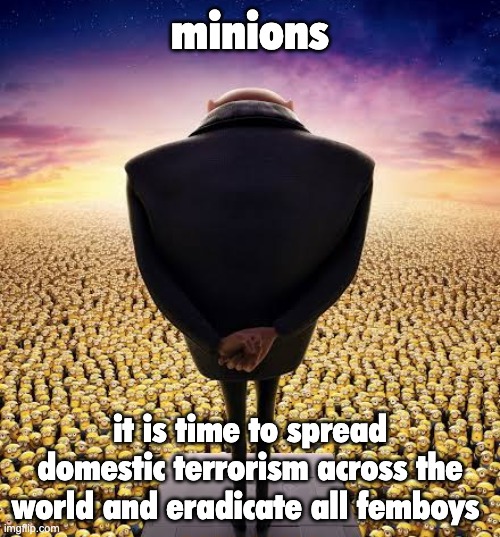 we do a little trolling | minions; it is time to spread domestic terrorism across the world and eradicate all femboys | image tagged in guys i have bad news | made w/ Imgflip meme maker