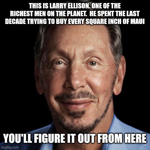 THIS IS LARRY ELLISON. ONE OF THE RICHEST MEN ON THE PLANET.  HE SPENT THE LAST DECADE TRYING TO BUY EVERY SQUARE INCH OF MAUI; YOU'LL FIGURE IT OUT FROM HERE | image tagged in funny memes | made w/ Imgflip meme maker