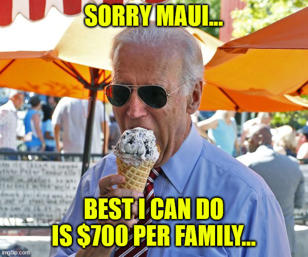 Joe Biden eating ice cream | SORRY MAUI... BEST I CAN DO IS $700 PER FAMILY... | image tagged in joe biden eating ice cream | made w/ Imgflip meme maker