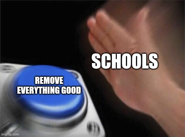 Blank Nut Button | SCHOOLS; REMOVE EVERYTHING GOOD | image tagged in memes,blank nut button | made w/ Imgflip meme maker