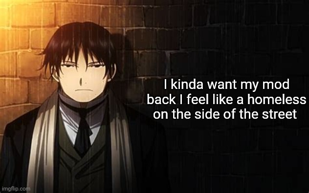 Roy Mustang | I kinda want my mod back I feel like a homeless on the side of the street | image tagged in roy mustang | made w/ Imgflip meme maker