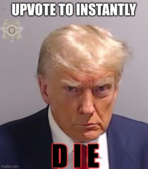 Donald Trump Mugshot | UPVOTE TO INSTANTLY; D I E | image tagged in donald trump mugshot | made w/ Imgflip meme maker