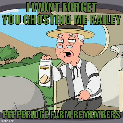 Pepperidge Farm Remembers | I WONT FORGET YOU GHOSTING ME KAILEY; PEPPERIDGE FARM REMEMBERS | image tagged in memes,pepperidge farm remembers | made w/ Imgflip meme maker