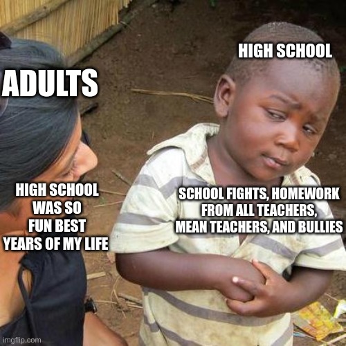 high school sucks ass | HIGH SCHOOL; ADULTS; HIGH SCHOOL WAS SO FUN BEST YEARS OF MY LIFE; SCHOOL FIGHTS, HOMEWORK FROM ALL TEACHERS, MEAN TEACHERS, AND BULLIES | image tagged in memes,third world skeptical kid | made w/ Imgflip meme maker