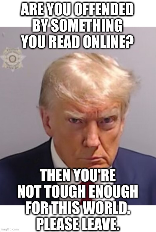 Offended? You should be. | ARE YOU OFFENDED BY SOMETHING YOU READ ONLINE? THEN YOU'RE NOT TOUGH ENOUGH FOR THIS WORLD.
PLEASE LEAVE. | image tagged in donald trump mugshot,offended,question | made w/ Imgflip meme maker