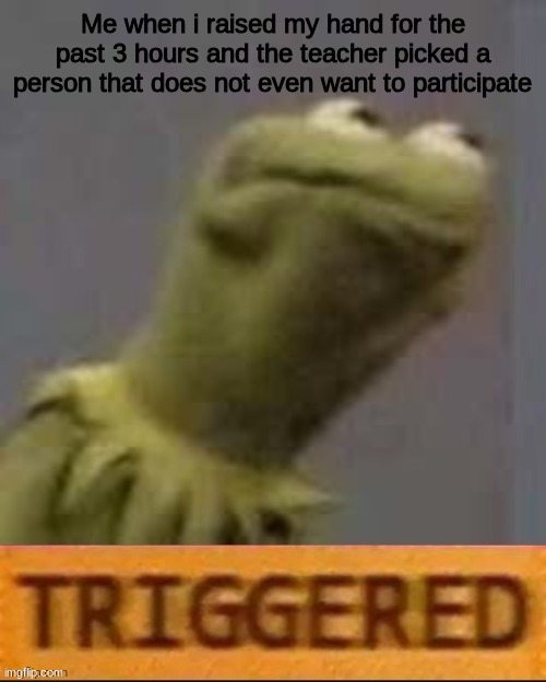 Kermit Triggered | Me when i raised my hand for the past 3 hours and the teacher picked a person that does not even want to participate | image tagged in kermit triggered | made w/ Imgflip meme maker