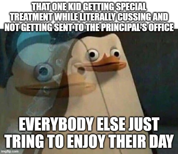 The penguins of Madagascar | THAT ONE KID GETTING SPECIAL TREATMENT WHILE LITERALLY CUSSING AND NOT GETTING SENT TO THE PRINCIPAL'S OFFICE; EVERYBODY ELSE JUST TRING TO ENJOY THEIR DAY | image tagged in the penguins of madagascar | made w/ Imgflip meme maker