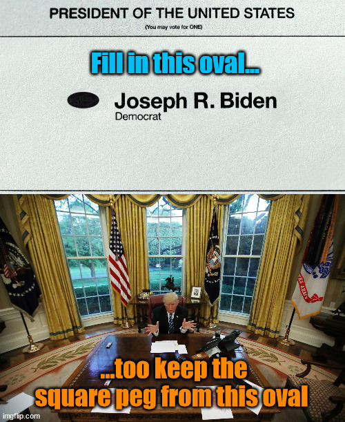 Fill in the oval | Fill in this oval... ...too keep the square peg from this oval | image tagged in joe r biden,trump,vote,election 2024,finish the job,oval office | made w/ Imgflip meme maker