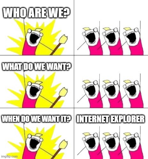 What Do We Want 3 | WHO ARE WE? WHAT DO WE WANT? WHEN DO WE WANT IT? INTERNET EXPLORER | image tagged in memes,what do we want 3,internet explorer,what do we want | made w/ Imgflip meme maker