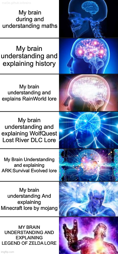 My brain be like: | My brain during and understanding maths; My brain understanding and explaining history; My brain understanding and explains RainWorld lore; My brain understanding and explaining WolfQuest Lost River DLC Lore; My Brain Understanding and explaining ARK:Survival Evolved lore; My brain understanding And explaining Minecraft lore by mojang; MY BRAIN UNDERSTANDING AND EXPLAINING LEGEND OF ZELDA LORE | image tagged in 7-tier expanding brain,gaming,lore,brain | made w/ Imgflip meme maker