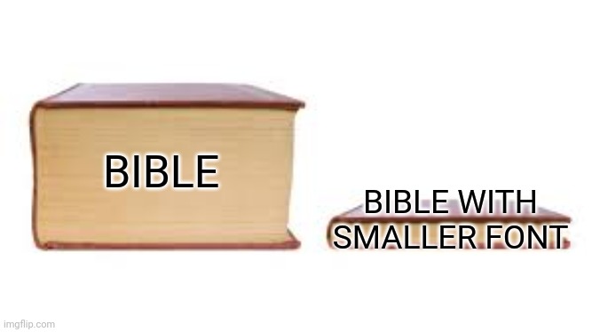 Big book small book | BIBLE WITH SMALLER FONT; BIBLE | image tagged in big book small book | made w/ Imgflip meme maker