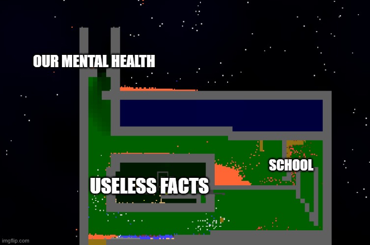 Factory emmiting pullution | OUR MENTAL HEALTH; SCHOOL; USELESS FACTS | image tagged in factory emmiting pullution | made w/ Imgflip meme maker