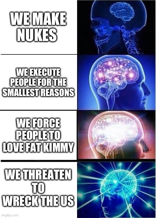 North Korea | WE MAKE NUKES; WE EXECUTE PEOPLE FOR THE SMALLEST REASONS; WE FORCE PEOPLE TO LOVE FAT KIMMY; WE THREATEN TO WRECK THE US | image tagged in memes,expanding brain | made w/ Imgflip meme maker