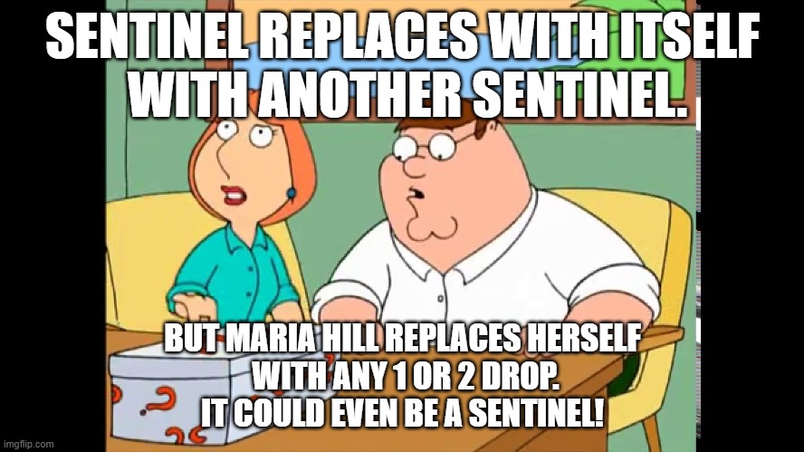 Family Guy Mystery Box | SENTINEL REPLACES WITH ITSELF
 WITH ANOTHER SENTINEL. BUT MARIA HILL REPLACES HERSELF
 WITH ANY 1 OR 2 DROP.
IT COULD EVEN BE A SENTINEL! | image tagged in family guy mystery box | made w/ Imgflip meme maker