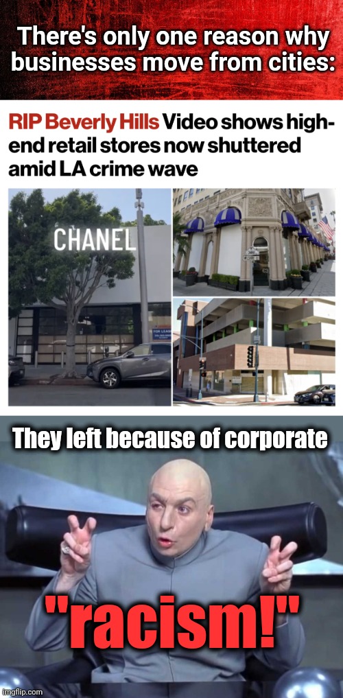 According to democrats | There's only one reason why
businesses move from cities:; They left because of corporate; "racism!" | image tagged in dr evil air quotes,businesses leaving cities,los angeles,california,democrats,racism | made w/ Imgflip meme maker