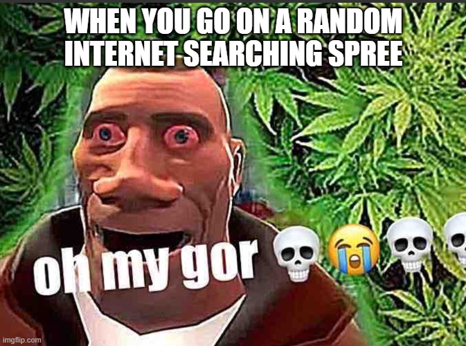 Uh oh- | WHEN YOU GO ON A RANDOM INTERNET SEARCHING SPREE | image tagged in oh my gor,ha ha tags go brr,unnecessary tags | made w/ Imgflip meme maker