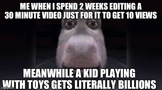 I’m not trying to advertise, but I’m genuinely sick of this, I wish the effort I put into stuff like this could be appreciated | ME WHEN I SPEND 2 WEEKS EDITING A 30 MINUTE VIDEO JUST FOR IT TO GET 10 VIEWS; MEANWHILE A KID PLAYING WITH TOYS GETS LITERALLY BILLIONS | image tagged in donkey sad face | made w/ Imgflip meme maker