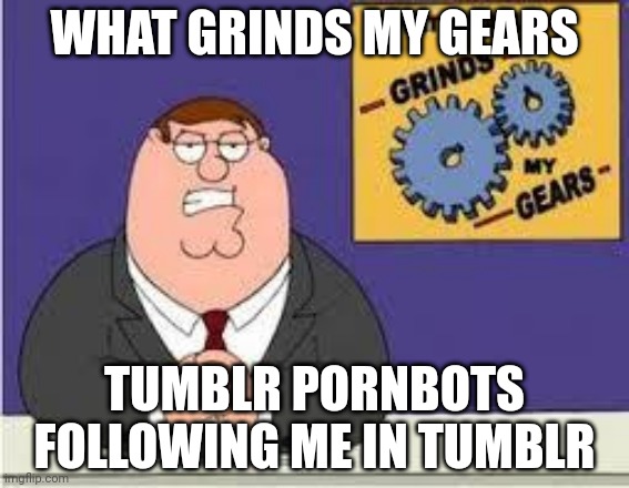 You know what really grinds my gears | WHAT GRINDS MY GEARS; TUMBLR PORNBOTS FOLLOWING ME IN TUMBLR | image tagged in you know what really grinds my gears | made w/ Imgflip meme maker