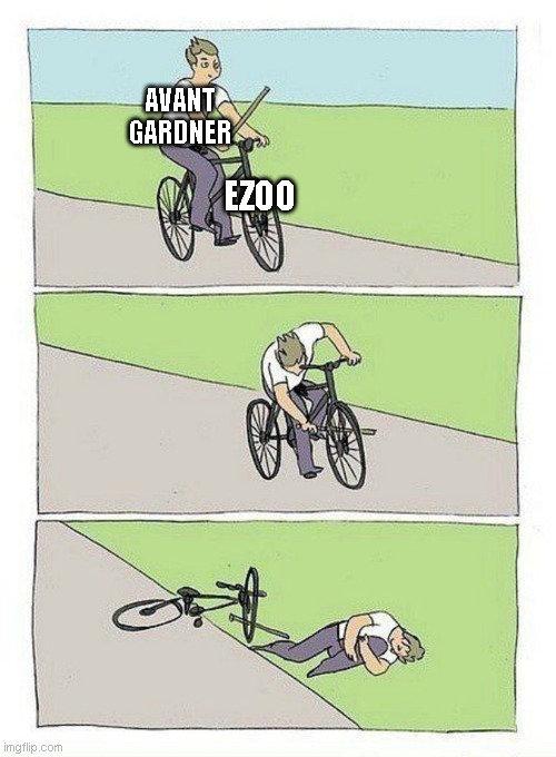 ezoo 2023 | AVANT
GARDNER; EZOO | image tagged in bike fall | made w/ Imgflip meme maker