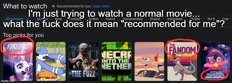 I swear I'm not a furry | I'm just trying to watch a normal movie... what the fuck does it mean "recommended for me"? | made w/ Imgflip meme maker