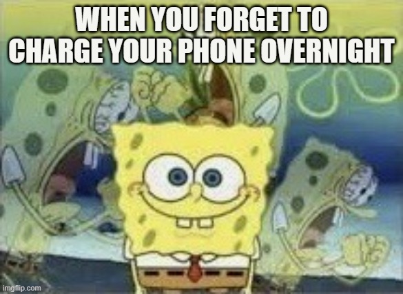 SpongeBob Internal Screaming | WHEN YOU FORGET TO CHARGE YOUR PHONE OVERNIGHT | image tagged in spongebob internal screaming | made w/ Imgflip meme maker