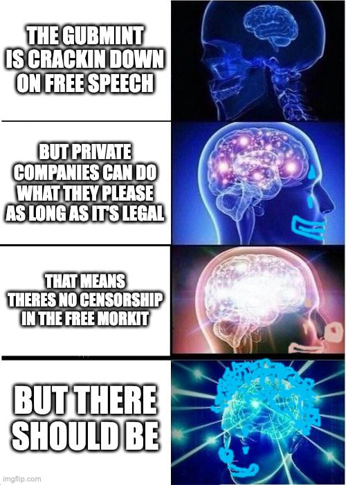 Expanding Brain | THE GUBMINT IS CRACKIN DOWN ON FREE SPEECH; BUT PRIVATE COMPANIES CAN DO WHAT THEY PLEASE AS LONG AS IT'S LEGAL; THAT MEANS THERES NO CENSORSHIP IN THE FREE MORKIT; BUT THERE SHOULD BE | image tagged in memes,expanding brain | made w/ Imgflip meme maker