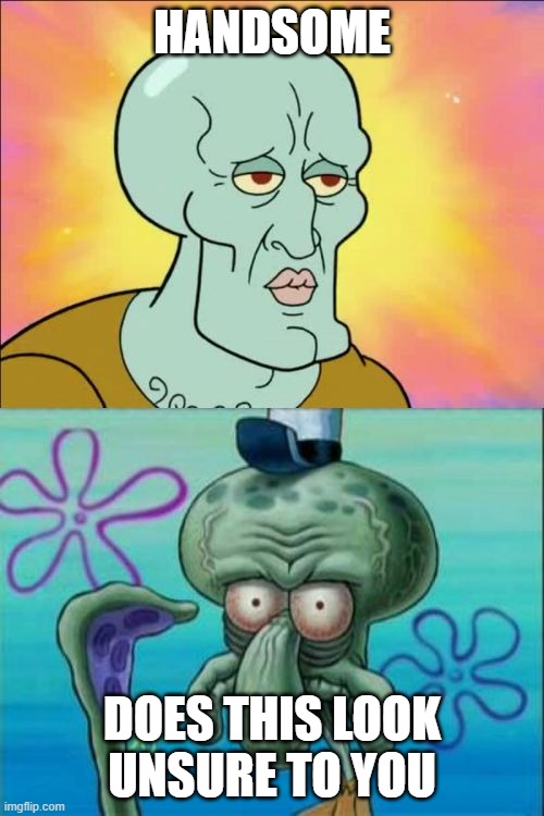 Maybe | HANDSOME; DOES THIS LOOK UNSURE TO YOU | image tagged in memes,squidward | made w/ Imgflip meme maker