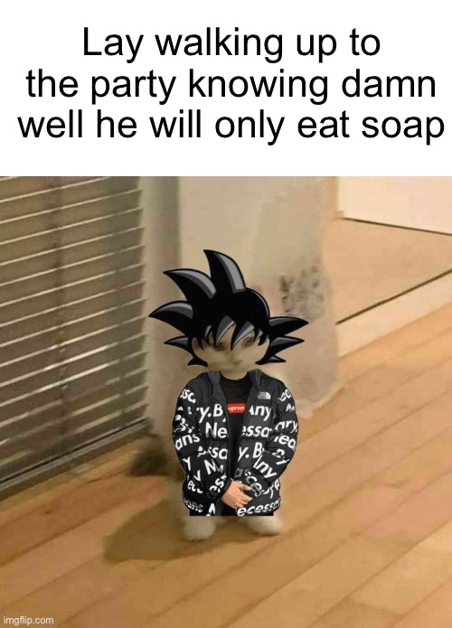 Also this is past post about him, hakai deleted him so (Shiver note: Hakai had to bring Lay back) | Lay walking up to the party knowing damn well he will only eat soap | image tagged in whiteboard,goku drip cat | made w/ Imgflip meme maker