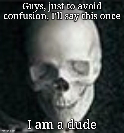 You change your personality and everyone doesn't know you ;-; | Guys, just to avoid confusion, I'll say this once; I am a dude | image tagged in skull | made w/ Imgflip meme maker