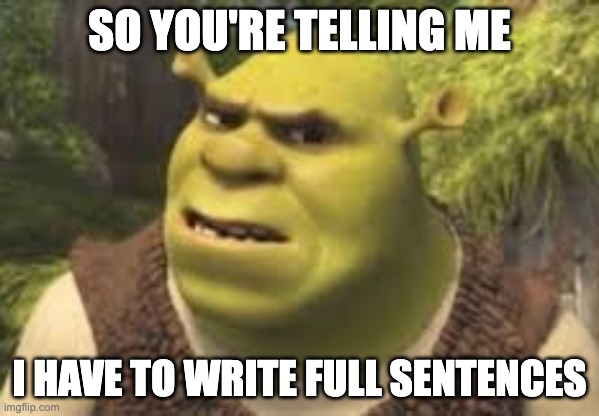 writing | SO YOU'RE TELLING ME; I HAVE TO WRITE FULL SENTENCES | image tagged in confused shrek | made w/ Imgflip meme maker